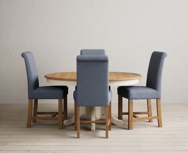 View Extending hertford 100cm - 130cm oak and cream painted pedestal dining table with 4 blue braced chairs View Extending hertford 100cm - 130cm oak and cream painted pedestal dining table with 4 blue braced chairs