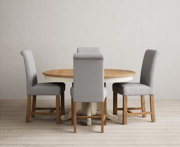 View Extending hertford 100cm - 130cm oak and cream painted pedestal dining table with 4 grey braced chairs View Extending hertford 100cm - 130cm oak and cream painted pedestal dining table with 4 grey braced chairs