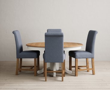 View Extending hertford 100cm - 130cm oak and signal white painted pedestal dining table with 4 blue braced chairs View Extending hertford 100cm - 130cm oak and signal white painted pedestal dining table with 4 blue braced chairs