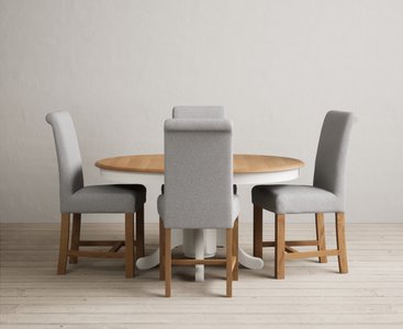 View Extending hertford 100cm - 130cm oak and signal white painted pedestal dining table with 4 grey braced chairs View Extending hertford 100cm - 130cm oak and signal white painted pedestal dining table with 4 grey braced chairs