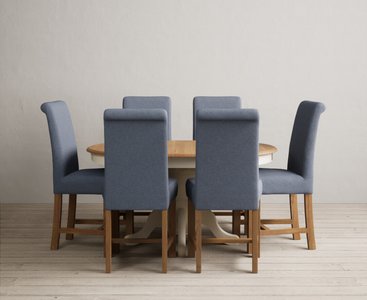 View Extending hertford 100cm - 130cm oak and cream painted pedestal dining table with 6 blue braced chairs View Extending hertford 100cm - 130cm oak and cream painted pedestal dining table with 6 blue braced chairs