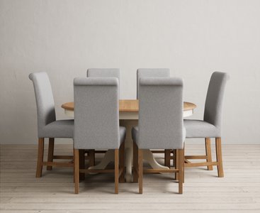 View Extending hertford 100cm - 130cm oak and cream painted pedestal dining table with 6 grey braced chairs View Extending hertford 100cm - 130cm oak and cream painted pedestal dining table with 6 grey braced chairs