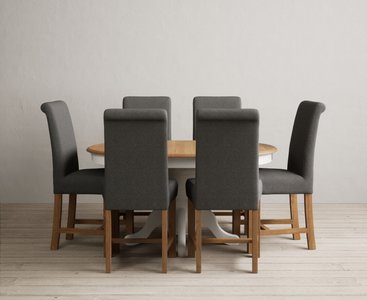 View Extending hertford 100cm - 130cm oak and signal white painted pedestal dining table with 6 charcoal grey braced chairs View Extending hertford 100cm - 130cm oak and signal white painted pedestal dining table with 6 charcoal grey braced chairs