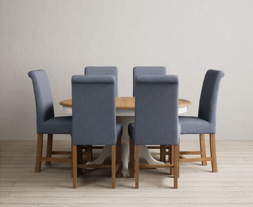 View Extending hertford 100cm - 130cm oak and signal white painted pedestal dining table with 6 blue braced chairs View Extending hertford 100cm - 130cm oak and signal white painted pedestal dining table with 6 blue braced chairs