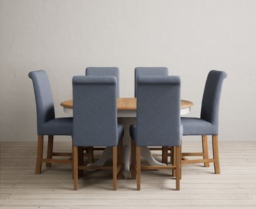 View Extending hertford 100cm - 130cm oak and soft white painted pedestal dining table with 6 blue braced chairs View Extending hertford 100cm - 130cm oak and soft white painted pedestal dining table with 6 blue braced chairs
