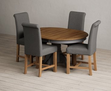 View Extending hertford 100cm - 130cm oak and charcoal grey painted pedestal dining table with 4 charcoal grey braced chairs View Extending hertford 100cm - 130cm oak and charcoal grey painted pedestal dining table with 4 charcoal grey braced chairs