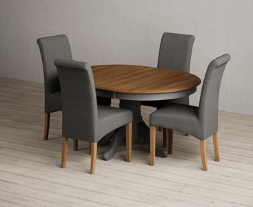 View Extending hertford 100cm - 130cm oak and charcoal grey painted pedestal dining table with 4 charcoal grey scroll back chairs View Extending hertford 100cm - 130cm oak and charcoal grey painted pedestal dining table with 4 charcoal grey scroll back chairs