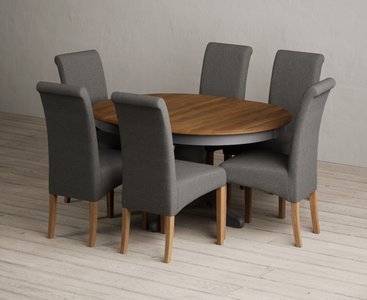View Extending hertford 100cm - 130cm oak and charcoal grey painted pedestal dining table with 6 charcoal grey scroll back chairs View Extending hertford 100cm - 130cm oak and charcoal grey painted pedestal dining table with 6 charcoal grey scroll back chairs