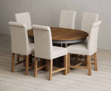 View Extending hertford 100cm - 130cm oak and charcoal grey painted pedestal dining table with 6 natural braced chairs View Extending hertford 100cm - 130cm oak and charcoal grey painted pedestal dining table with 6 natural braced chairs