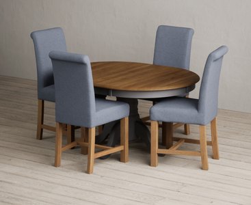 View Extending hertford 100cm - 130cm oak and charcoal grey painted pedestal dining table with 4 blue braced chairs View Extending hertford 100cm - 130cm oak and charcoal grey painted pedestal dining table with 4 blue braced chairs