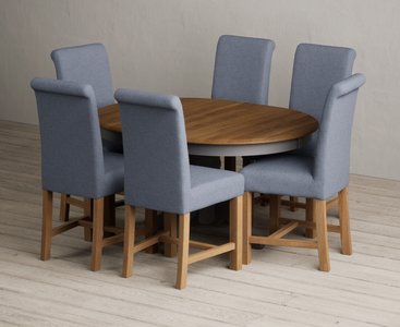 View Extending hertford 100cm - 130cm oak and charcoal grey painted pedestal dining table with 6 blue braced chairs View Extending hertford 100cm - 130cm oak and charcoal grey painted pedestal dining table with 6 blue braced chairs