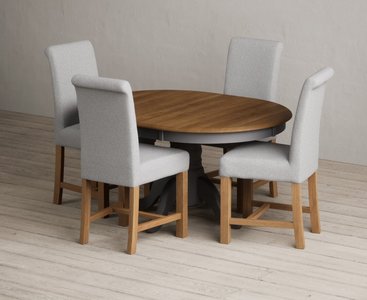 View Extending hertford 100cm - 130cm oak and charcoal grey painted pedestal dining table with 4 grey braced chairs View Extending hertford 100cm - 130cm oak and charcoal grey painted pedestal dining table with 4 grey braced chairs
