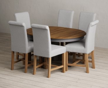View Extending hertford 100cm - 130cm oak and charcoal grey painted pedestal dining table with 6 grey braced chairs View Extending hertford 100cm - 130cm oak and charcoal grey painted pedestal dining table with 6 grey braced chairs