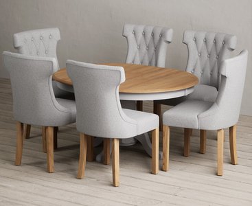 View Extending hertford 100cm - 130cm oak and light grey painted pedestal dining table with 6 grey clara chairs View Extending hertford 100cm - 130cm oak and light grey painted pedestal dining table with 6 grey clara chairs