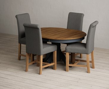 View Extending hertford 100cm - 130cm oak and dark blue painted pedestal dining table with 4 charcoal grey braced chairs View Extending hertford 100cm - 130cm oak and dark blue painted pedestal dining table with 4 charcoal grey braced chairs