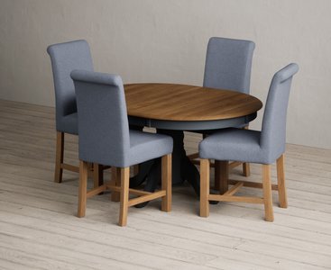 View Extending hertford 100cm - 130cm oak and dark blue painted pedestal dining table with 4 blue braced chairs View Extending hertford 100cm - 130cm oak and dark blue painted pedestal dining table with 4 blue braced chairs