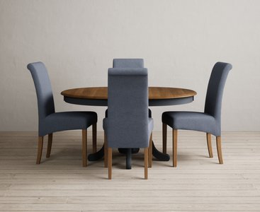 View Extending hertford 100cm - 130cm oak and dark blue painted pedestal dining table with 4 blue scroll back chairs View Extending hertford 100cm - 130cm oak and dark blue painted pedestal dining table with 4 blue scroll back chairs