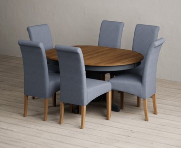 View Extending hertford 100cm - 130cm oak and dark blue painted pedestal dining table with 4 blue scroll back chairs View Extending hertford 100cm - 130cm oak and dark blue painted pedestal dining table with 4 blue scroll back chairs
