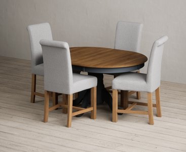 View Extending hertford 100cm - 130cm oak and dark blue painted pedestal dining table with 4 grey braced chairs View Extending hertford 100cm - 130cm oak and dark blue painted pedestal dining table with 4 grey braced chairs