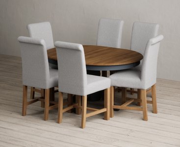 View Extending hertford 100cm - 130cm oak and dark blue painted pedestal dining table with 6 grey braced chairs View Extending hertford 100cm - 130cm oak and dark blue painted pedestal dining table with 6 grey braced chairs