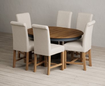 View Extending hertford 100cm - 130cm oak and dark blue painted pedestal dining table with 6 natural braced chairs View Extending hertford 100cm - 130cm oak and dark blue painted pedestal dining table with 6 natural braced chairs