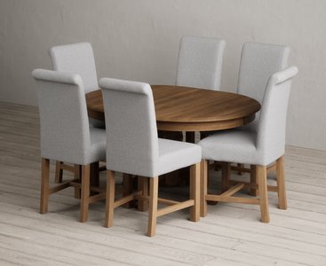View Extending hertford 100cm - 130cm rustic oak pedestal dining table with 6 grey braced chairs View Extending hertford 100cm - 130cm rustic oak pedestal dining table with 6 grey braced chairs