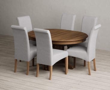 View Extending hertford 100cm - 130cm rustic oak pedestal dining table with 6 grey scroll back chairs View Extending hertford 100cm - 130cm rustic oak pedestal dining table with 6 grey scroll back chairs