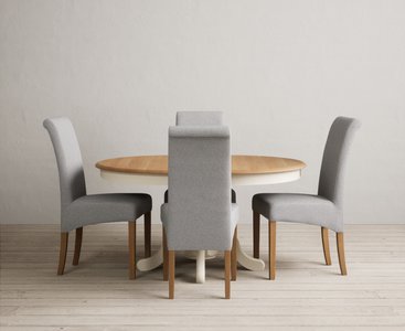 View Extending hertford 100cm - 130cm oak and cream painted pedestal dining table with 4 grey scroll back chairs View Extending hertford 100cm - 130cm oak and cream painted pedestal dining table with 4 grey scroll back chairs
