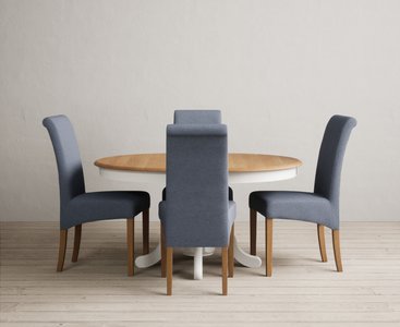 View Extending hertford 100cm - 130cm oak and signal white painted pedestal dining table with 4 blue scroll back chairs View Extending hertford 100cm - 130cm oak and signal white painted pedestal dining table with 4 blue scroll back chairs
