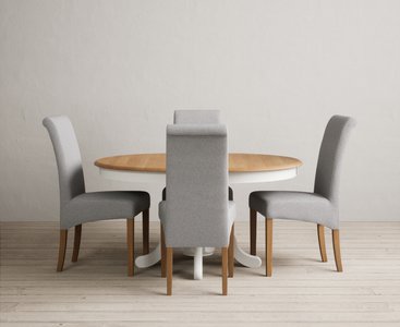 View Extending hertford 100cm - 130cm oak and signal white painted pedestal dining table with 4 grey scroll back chairs View Extending hertford 100cm - 130cm oak and signal white painted pedestal dining table with 4 grey scroll back chairs