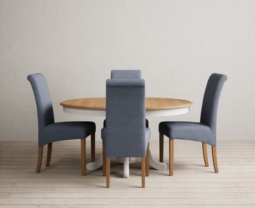 View Extending hertford 100cm - 130cm oak and soft white painted pedestal dining table with 4 blue scroll back chairs View Extending hertford 100cm - 130cm oak and soft white painted pedestal dining table with 4 blue scroll back chairs