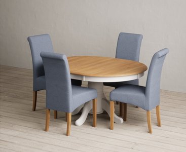 View Extending hertford 100cm - 130cm oak and soft white painted pedestal dining table with 4 blue scroll back chairs View Extending hertford 100cm - 130cm oak and soft white painted pedestal dining table with 4 blue scroll back chairs