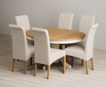 View Extending hertford 100cm - 130cm oak and cream painted pedestal dining table with 6 natural scroll back chairs View Extending hertford 100cm - 130cm oak and cream painted pedestal dining table with 6 natural scroll back chairs