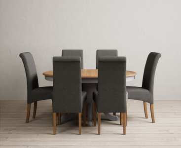 View Extending hertford 100cm - 130cm oak and light grey painted pedestal dining table with 6 charcoal grey scroll back chairs View Extending hertford 100cm - 130cm oak and light grey painted pedestal dining table with 6 charcoal grey scroll back chairs