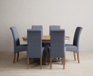 View Extending hertford 100cm - 130cm oak and light grey painted pedestal dining table with 6 blue scroll back chairs View Extending hertford 100cm - 130cm oak and light grey painted pedestal dining table with 6 blue scroll back chairs