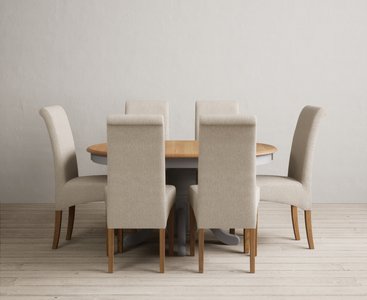 View Extending hertford 100cm - 130cm oak and light grey painted pedestal dining table with 6 natural scroll back chairs View Extending hertford 100cm - 130cm oak and light grey painted pedestal dining table with 6 natural scroll back chairs