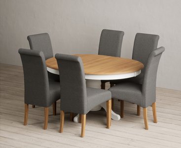 View Extending hertford 100cm - 130cm oak and signal white painted pedestal dining table with 6 charcoal grey scroll back chairs View Extending hertford 100cm - 130cm oak and signal white painted pedestal dining table with 6 charcoal grey scroll back chairs