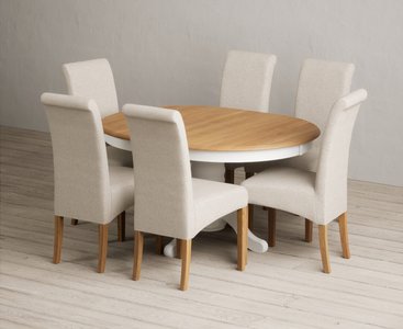 View Extending hertford 100cm - 130cm oak and signal white painted pedestal dining table with 6 natural scroll back chairs View Extending hertford 100cm - 130cm oak and signal white painted pedestal dining table with 6 natural scroll back chairs