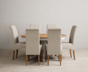 View Extending hertford 100cm - 130cm oak and soft white painted pedestal dining table with 6 natural scroll back chairs View Extending hertford 100cm - 130cm oak and soft white painted pedestal dining table with 6 natural scroll back chairs