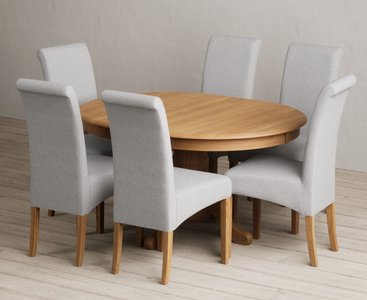 View Extending hertford 100cm - 130cm solid oak pedestal dining table with 6 grey scroll back chairs View Extending hertford 100cm - 130cm solid oak pedestal dining table with 6 grey scroll back chairs