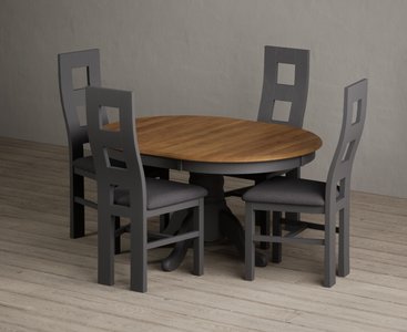 View Extending hertford 100cm - 130cm oak and charcoal grey painted pedestal dining table with 4 charcoal grey painted chairs View Extending hertford 100cm - 130cm oak and charcoal grey painted pedestal dining table with 4 charcoal grey painted chairs