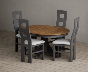 View Extending hertford 100cm - 130cm oak and charcoal grey painted pedestal dining table with 4 light grey painted chairs View Extending hertford 100cm - 130cm oak and charcoal grey painted pedestal dining table with 4 light grey painted chairs