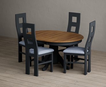 View Extending hertford 100cm - 130cm oak and dark blue painted pedestal dining table with 4 blue painted chairs View Extending hertford 100cm - 130cm oak and dark blue painted pedestal dining table with 4 blue painted chairs