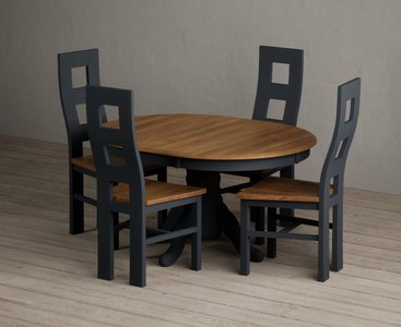 View Extending hertford 100cm - 130cm oak and dark blue painted pedestal dining table with 4 rustic oak painted chairs View Extending hertford 100cm - 130cm oak and dark blue painted pedestal dining table with 4 rustic oak painted chairs