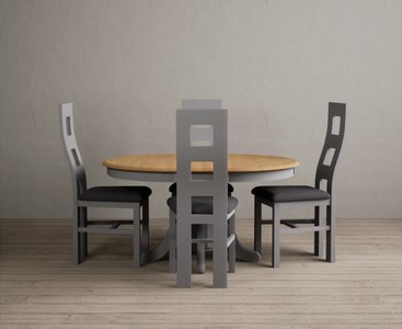 View Extending hertford 100cm - 130cm oak and light grey painted pedestal dining table with 4 charcoal grey painted chairs View Extending hertford 100cm - 130cm oak and light grey painted pedestal dining table with 4 charcoal grey painted chairs