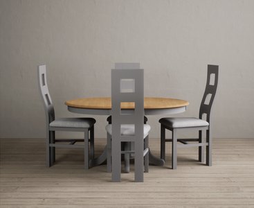 View Extending hertford 100cm - 130cm oak and light grey painted pedestal dining table with 4 light grey painted chairs View Extending hertford 100cm - 130cm oak and light grey painted pedestal dining table with 4 light grey painted chairs