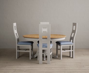 View Extending hertford 100cm - 130cm oak and soft white painted pedestal dining table with 4 blue painted chairs View Extending hertford 100cm - 130cm oak and soft white painted pedestal dining table with 4 blue painted chairs