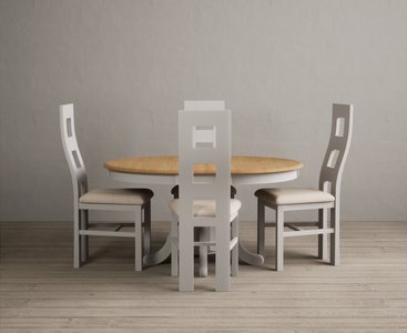 View Extending hertford 100cm - 130cm oak and soft white painted pedestal dining table with 4 linen painted chairs View Extending hertford 100cm - 130cm oak and soft white painted pedestal dining table with 4 linen painted chairs