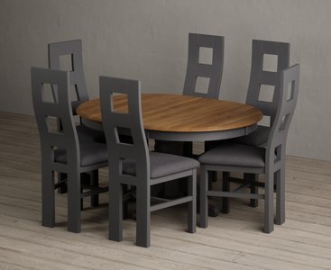 View Extending hertford 100cm - 130cm oak and charcoal grey painted pedestal dining table with 6 charcoal grey painted chairs View Extending hertford 100cm - 130cm oak and charcoal grey painted pedestal dining table with 6 charcoal grey painted chairs