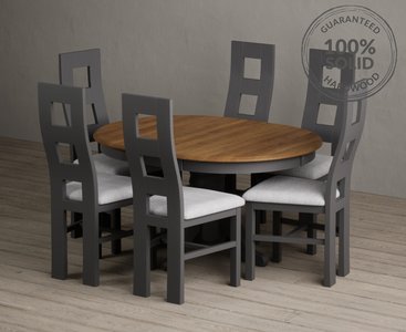 View Extending hertford 100cm - 130cm oak and charcoal grey painted pedestal dining table with 6 rustic oak painted chairs View Extending hertford 100cm - 130cm oak and charcoal grey painted pedestal dining table with 6 rustic oak painted chairs